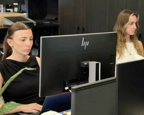 Two Online Marketing Gurus team members working at their desks on custom web projects