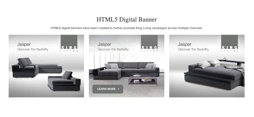 King Living HTML5 digital banner suite promoting the Jasper sofa "Discover the flexibility" campaign across multiple channels