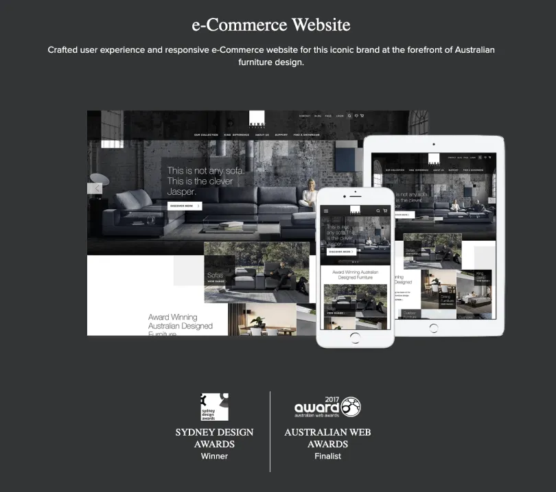 King Living ecommerce website design shown across desktop, tablet and mobile, awarded Sydney Design Awards Winner and 2017 Australian Web Awards Finalist