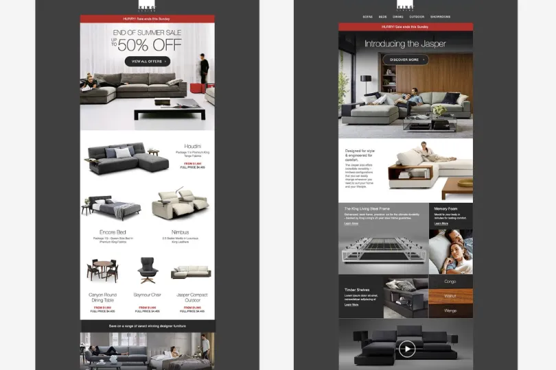 King Living email marketing designs promoting the End of Summer Sale up to 50% off and the Jasper modular sofa range
