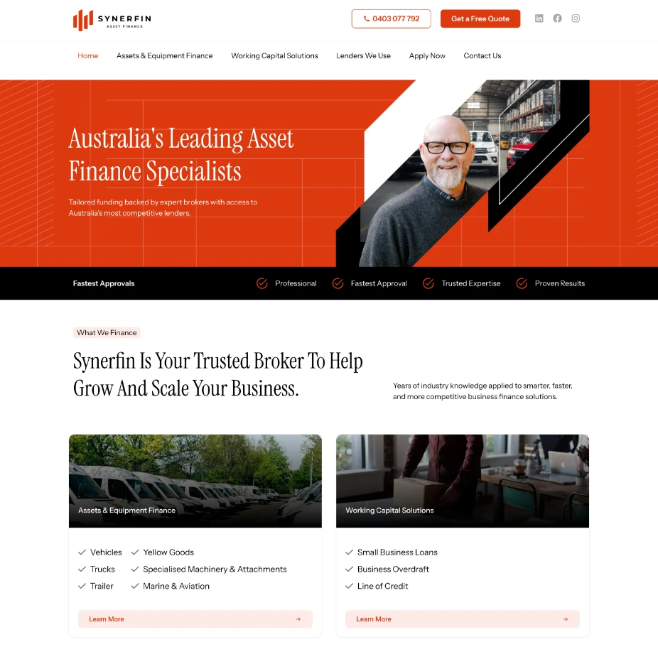 Full-page screenshot of the Synerfin Asset Finance website built by Online Marketing Gurus, featuring the homepage hero, equipment finance services, loan calculator, lender partners, customer reviews, and contact form.