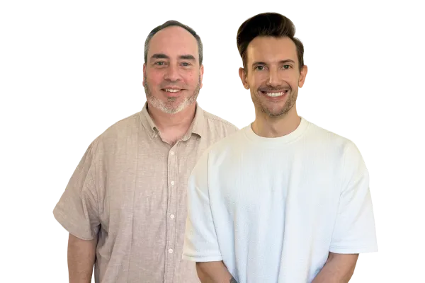 Dr Rich Lan, CTO, and Jim from the IT team at Online Marketing Gurus, smiling together against a white background.