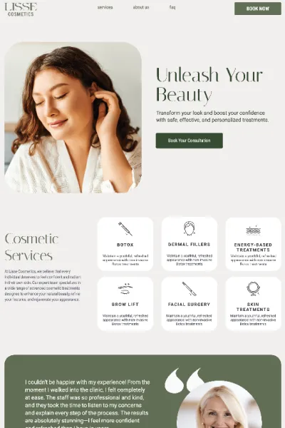Landing page design example for Lisse Cosmetics featuring cosmetic services, treatment options, and client testimonial
