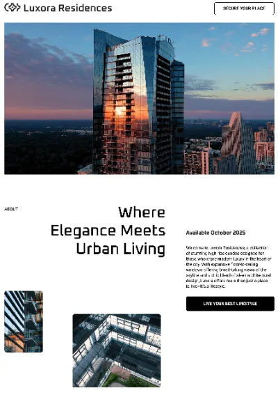 Landing page design example for Luxora Residences featuring luxury high-rise condo listings and lifestyle imagery