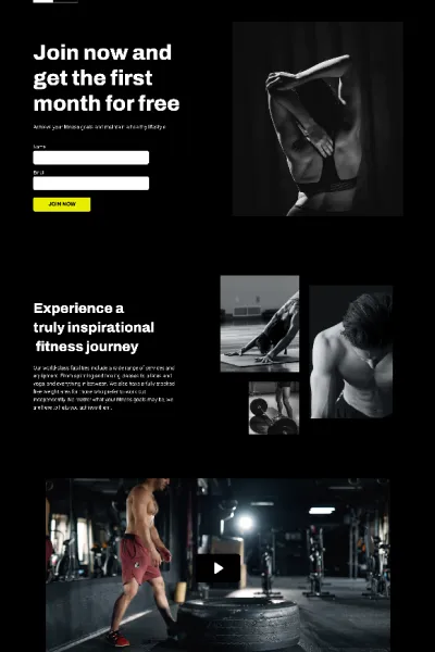Landing page design example for a fitness studio featuring a free first-month offer and inspirational training imagery