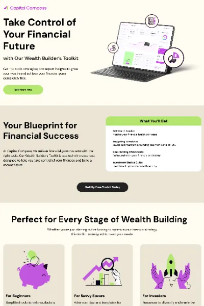 Landing page design example for Capital Compass featuring a wealth builder's toolkit and financial planning resources