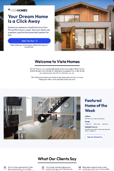 Landing page design example for Vista Homes featuring virtual home tours and a featured property of the week