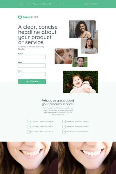 Landing page design example for Smile Dental featuring a lead capture form and product benefit highlights
