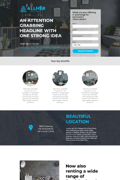 Landing page design example for AllHer Real Estate featuring open house details and rental property listings