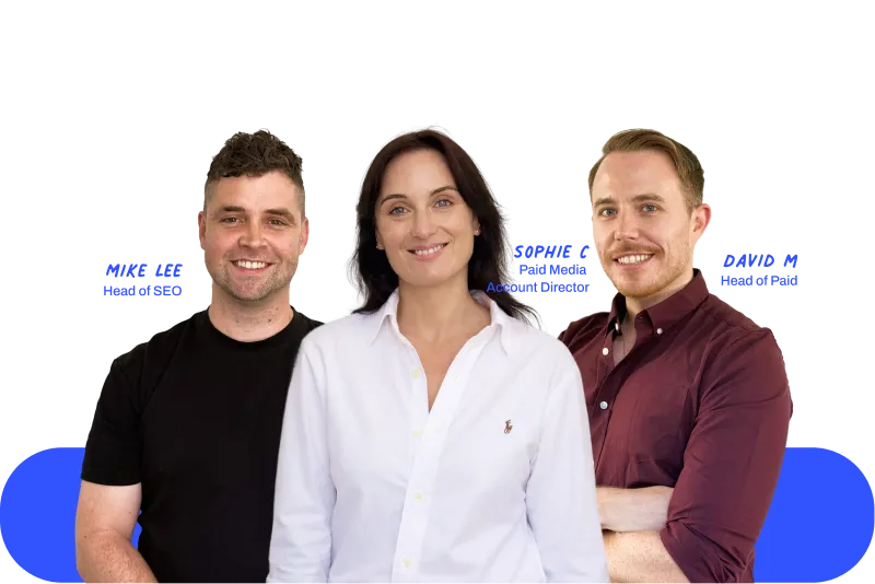 Team photo of OMG specialists Mike Lee (Head of SEO), Sophie C (Paid Media Account Director) and David M (Head of Paid) standing together against a white background with a blue accent shape.