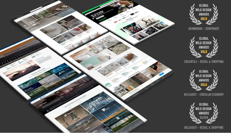 Award-winning website design projects by OMG including Quinbrook, Colortile, and ReleaseIT, recognised at the Global Wild Design Awards with Gold and Silver honours