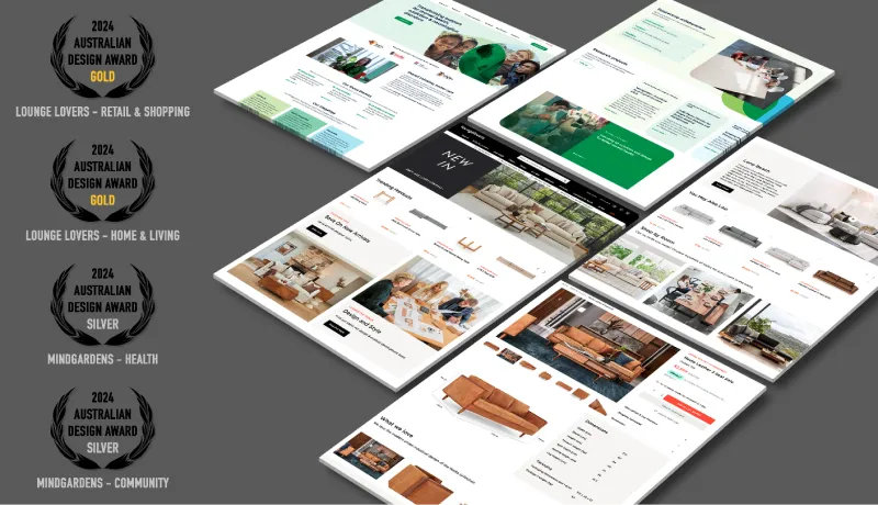 Award-winning website design projects by OMG featuring Lounge Lovers and Mindgardens, recognised at the 2024 Australian Design Awards with Gold and Silver honours