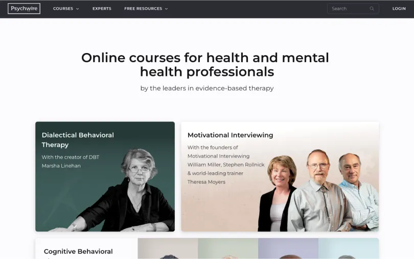 The Psychwire website homepage showing online courses for health and mental health professionals, with course cards for Dialectical Behavioral Therapy, Motivational Interviewing and Cognitive Behavioral Therapy featuring their lead instructors