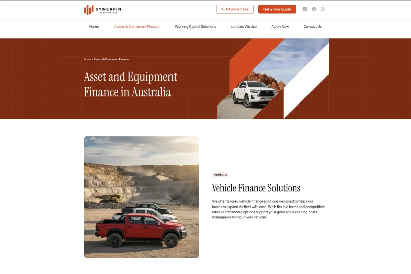 Synerfin Asset Finance website design by OMG showcasing the Asset and Equipment Finance page and vehicle finance solutions