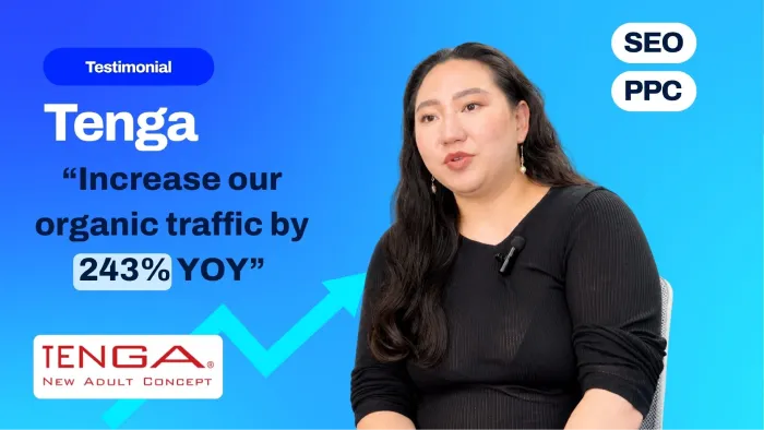 Video testimonial poster featuring the TENGA client representative with the quote "It's been a very great experience, it's kind of like an extended team..." overlaid on a blue gradient.