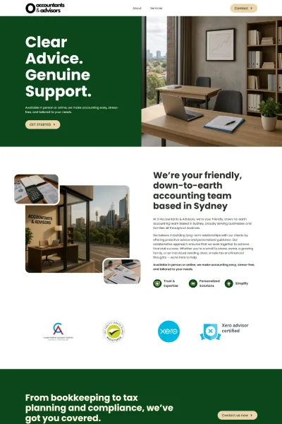 Accountants & Advisors website design example featuring the "Clear Advice. Genuine Support." hero and Sydney-based accounting team introduction