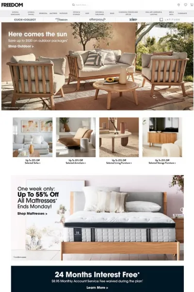 Freedom website design example featuring the outdoor packages hero, furniture category tiles and up to 55% off mattress promotion