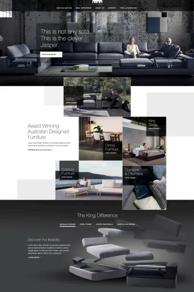 King Living website design example featuring the Jasper sofa hero, product category tiles for sofas, dining, king sleep, outdoor and cushions, and the King Difference modular design section