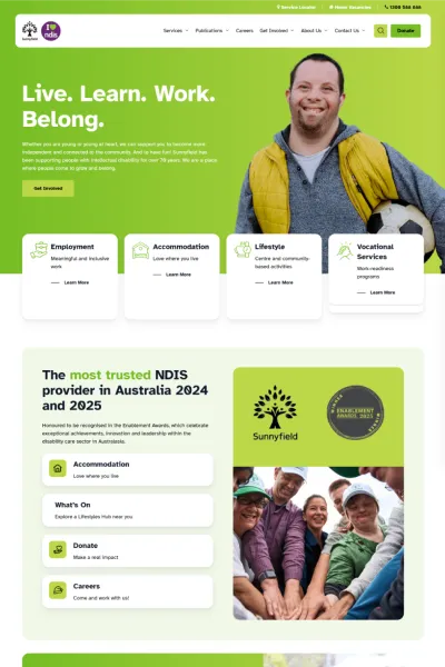 Sunnyfield NDIS website design example featuring the "Live. Learn. Work. Belong." hero and service tiles for Employment, Accommodation, Lifestyle and Vocational Services