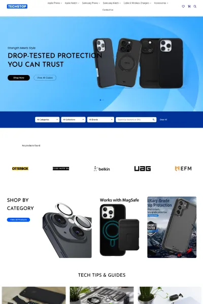 Techstop website design example featuring drop-tested phone case protection hero and shop by category grid with Otterbox, Belkin and UAG brands
