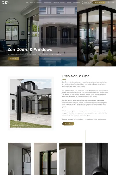 Zen Doors & Windows website design example featuring the architectural steel door hero and Precision in Steel product overview