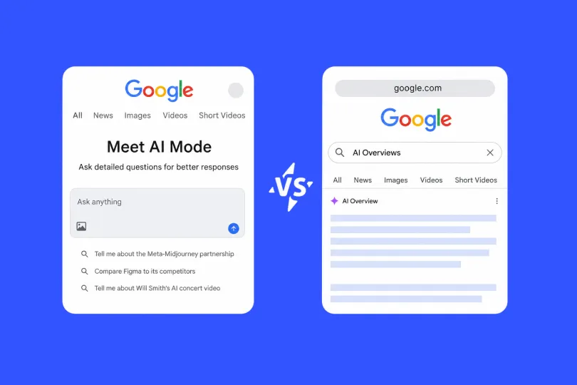 Side-by-side comparison of Google AI Mode's conversational interface and an AI Overviews result on a standard search page