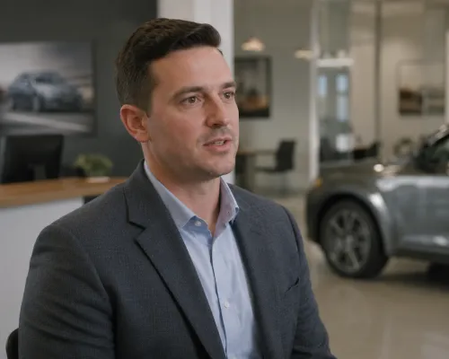 Automotive dealership manager speaking in a showroom with a vehicle in the background