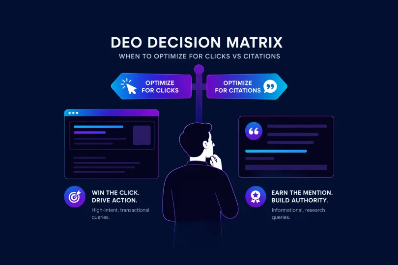 DEO decision matrix illustration showing the choice between optimising for clicks on transactional queries and optimising for citations on informational queries