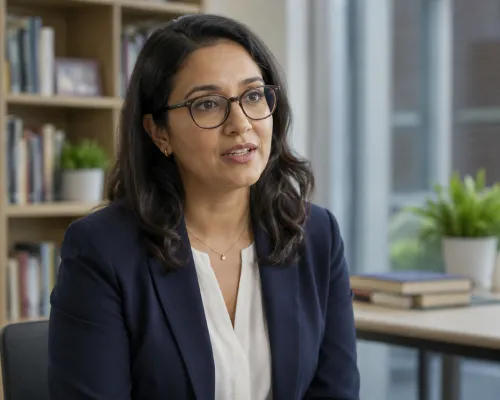 Education professional speaking in an office with bookshelves and study materials