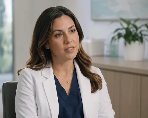 Healthcare professional in a white coat speaking in a clinic consultation room