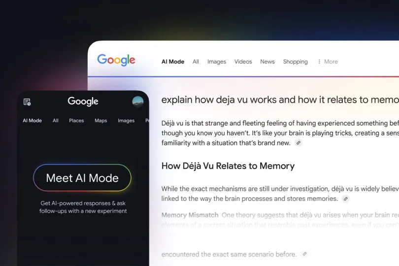 Google AI Mode shown on desktop and mobile, generating a conversational answer with linked citations