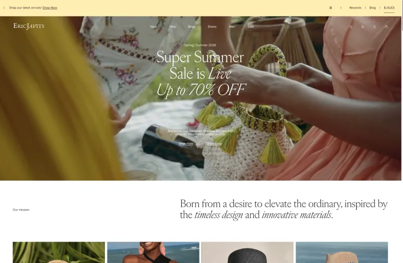 Eric Javits ecommerce website homepage showing seasonal sale banner and product categories