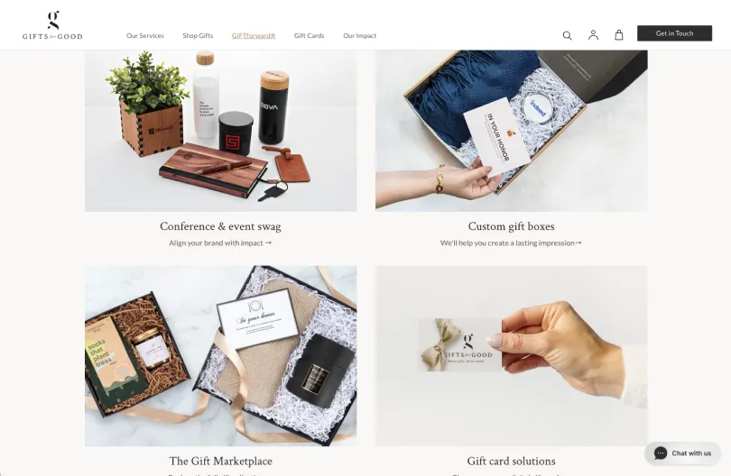 Gifts for Good homepage showing product categories for conference and event swag, custom gift boxes, the gift marketplace and gift card solutions
