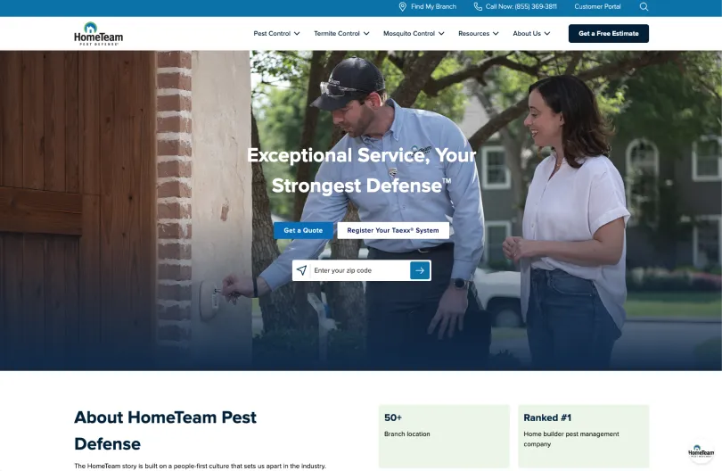HomeTeam Pest Defense website homepage showing the quote request form and zip code search