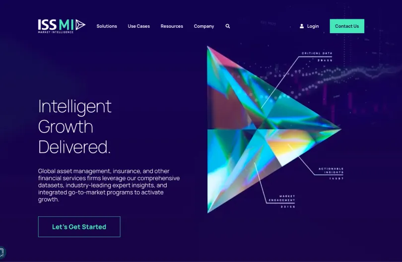 ISS MI homepage with the headline Intelligent Growth Delivered and an overview of data and insights services for asset management and insurance firms