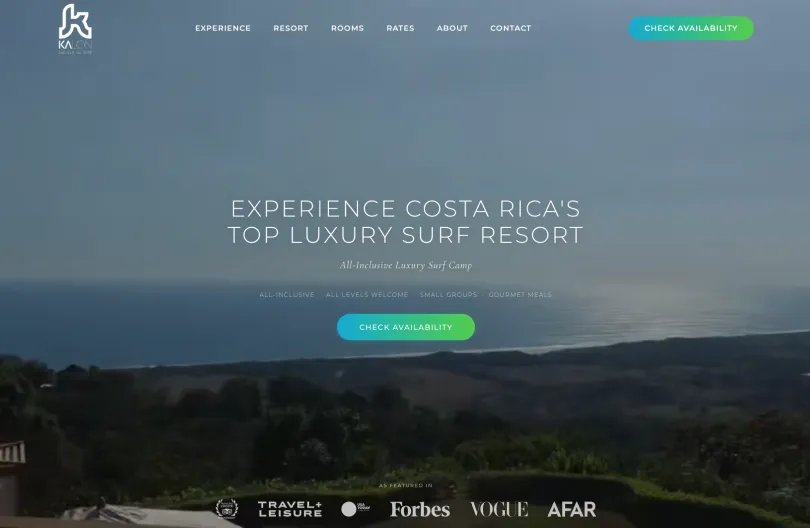 Kalon Surf homepage with the headline Experience Costa Rica's Top Luxury Surf Resort and press logos including Forbes, Vogue and Travel + Leisure