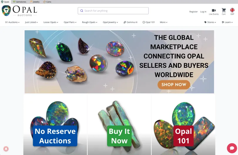 Opal Auctions homepage showing the global opal marketplace banner and No Reserve Auctions, Buy It Now and Opal 101 category tiles