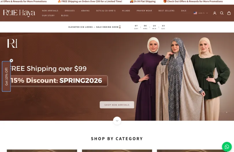 Rue Haya homepage showing modest wear categories including dresses, abayas, hijabs and prayer wear, with a free shipping promotion banner