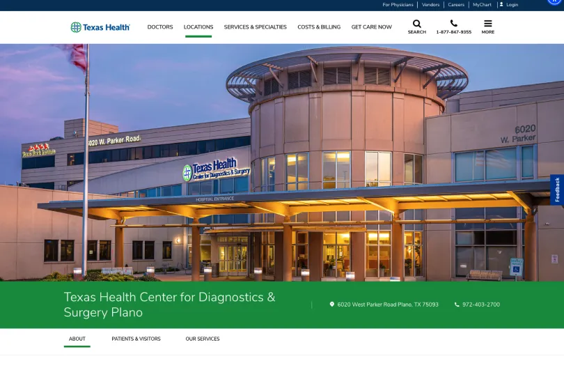 Texas Health Center for Diagnostics & Surgery Plano location page showing the hospital exterior, address and navigation for doctors, services and billing