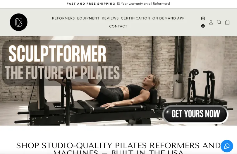 The Core Collab USA homepage featuring the Sculptformer Pilates reformer and navigation for reformers, equipment and certification
