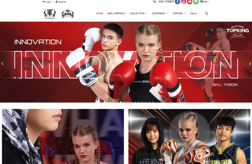 Top King Boxing homepage showing the Innovation campaign banner with athletes in boxing gloves, and navigation for new arrivals, equipment and apparel