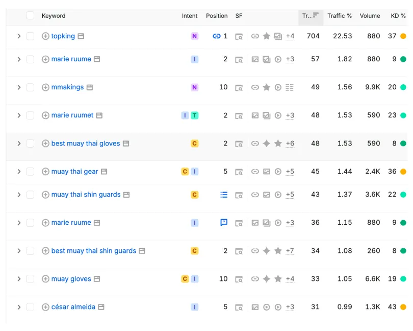 Keyword ranking table for Top King showing position 1 for the brand term and top-five positions for muay thai gloves, gear and shin guards