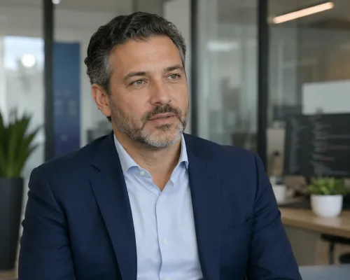 SaaS executive speaking in a modern office with a developer workstation in the background