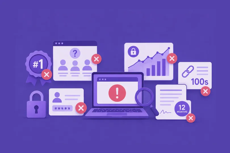 Illustration of SEO agency warning signs, a #1 ranking badge, faceless team, locked analytics dashboard, hidden login credentials, bulk link building and a 12-month contract, each marked with a red cross.