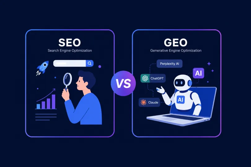 Side-by-side illustration comparing SEO, shown as traditional search, with GEO, shown as AI assistants including ChatGPT, Claude and Perplexity