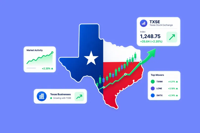 Illustration of the Texas state map in flag colours with market activity charts, a TXSE index panel and top movers list