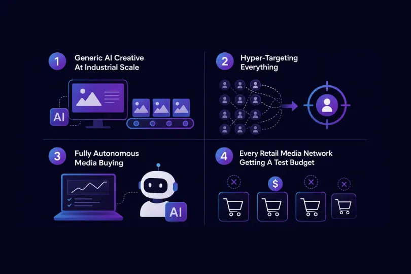 Four marketing trends illustrated: generic AI creative at industrial scale, hyper-targeting everything, fully autonomous media buying, and every retail media network getting a test budget