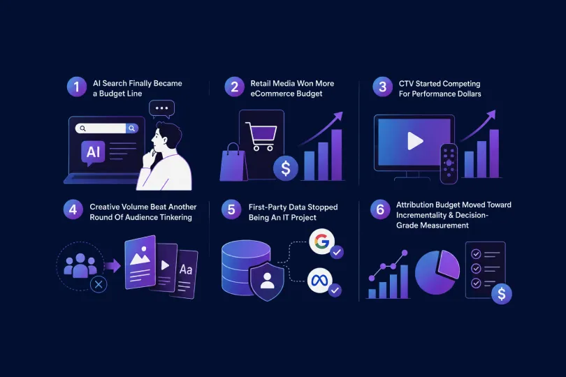 Six digital marketing trends illustrated: AI search becoming a budget line, retail media winning ecommerce budget, CTV competing for performance dollars, creative volume over audience tinkering, first-party data moving beyond IT, and attribution shifting to incrementality