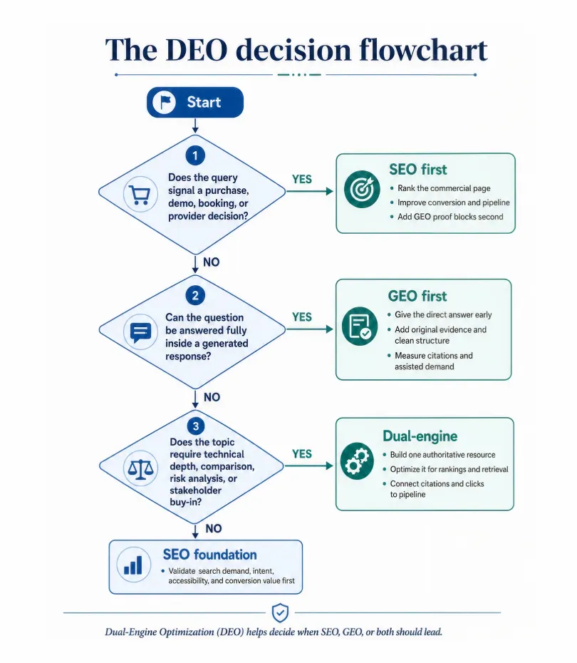 Flowchart for deciding whether SEO, GEO or both should lead, based on whether the query signals purchase intent, can be fully answered in a generated response, or requires technical depth