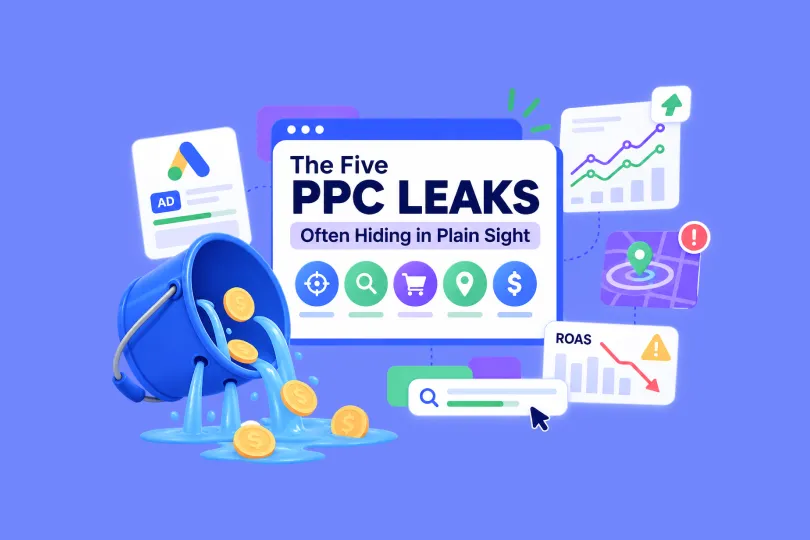 Illustration of the five PPC leaks often hiding in plain sight, showing a leaking bucket spilling coins alongside ad panels and declining ROAS charts